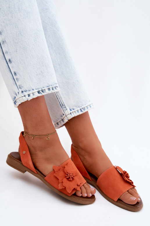 Suède sandalen met brede hakken en decoratieve bloemen Zazoo 407471 in oranje