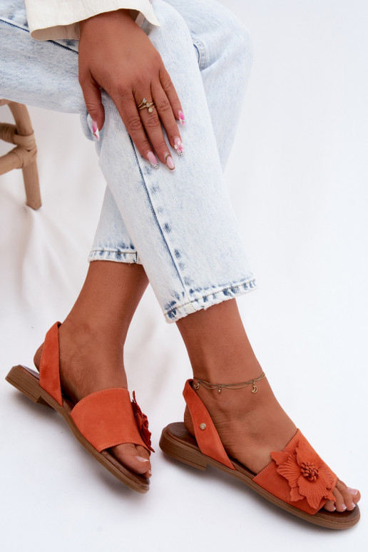 Leer Sandalen van suède met brede hakken Met sierlijk Een bloem Zazoo 407471 oranje