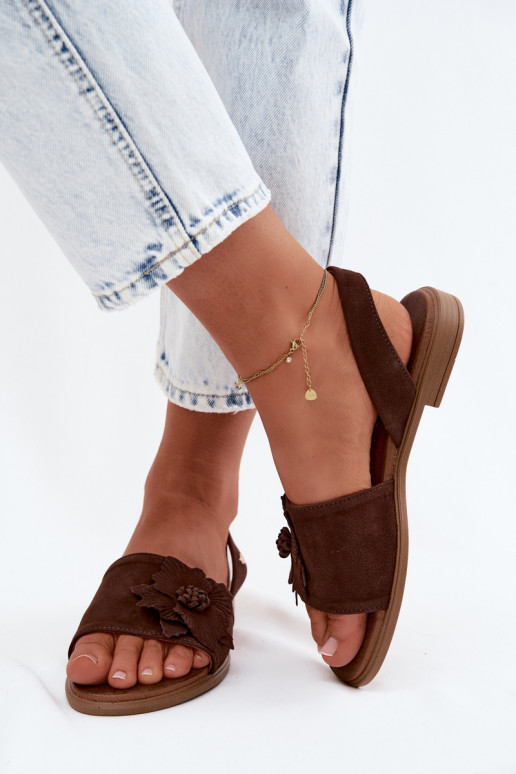 Leer Sandalen van suède met brede hakken Met sierlijk Een bloem Zazoo 407471 CzekoladoIne