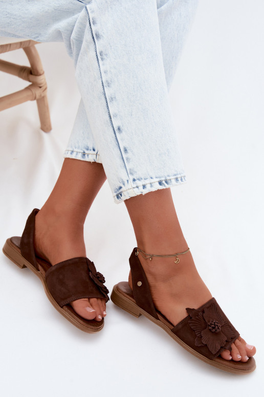 Leer Sandalen van suède met brede hakken Met sierlijk Een bloem Zazoo 407471 CzekoladoIne