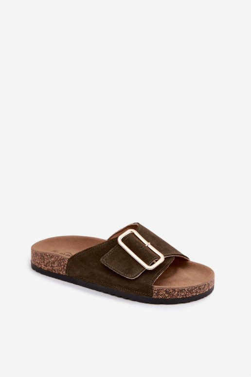 Faux suède dames slippers met gespen in khaki kleur Beryl