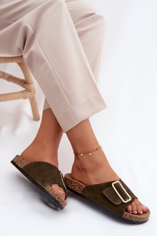 Leer Dames suède pantoffels met gespen kaki kleuren Beryl