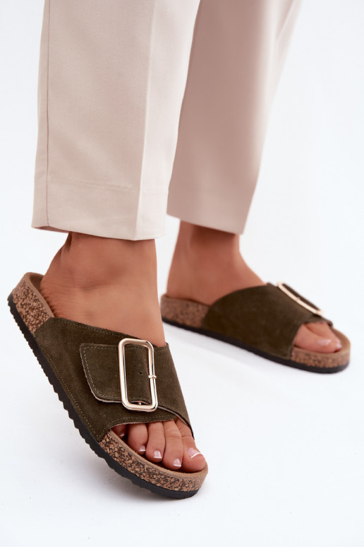 Faux suède dames slippers met gespen in khaki kleur Beryl