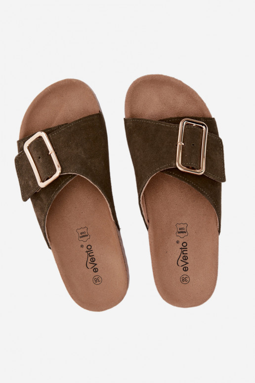 Faux suède dames slippers met gespen in khaki kleur Beryl