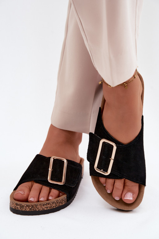 Faux suède dames slippers met gespen in zwarte kleur Beryl