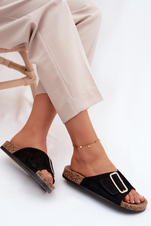 Faux suède dames slippers met gespen in zwarte kleur Beryl