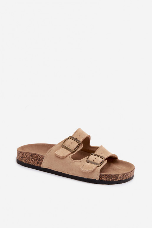 Faux suède slippers op kurken zool met gespen in zandkleur Tavira