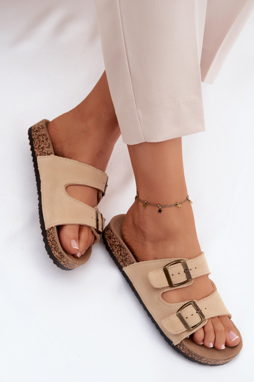 Faux suède slippers op kurken zool met gespen in zandkleur Tavira