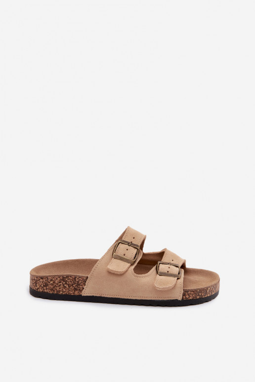 Faux suède slippers op kurken zool met gespen in zandkleur Tavira