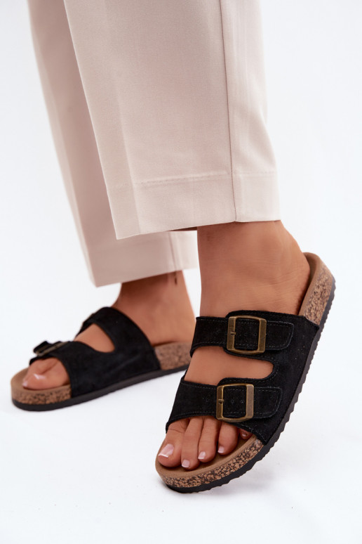 Faux suède slippers op kurken zool met gespen in zwarte kleur Tavira