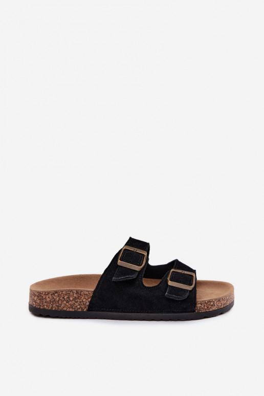 Faux suède slippers op kurken zool met gespen in zwarte kleur Tavira