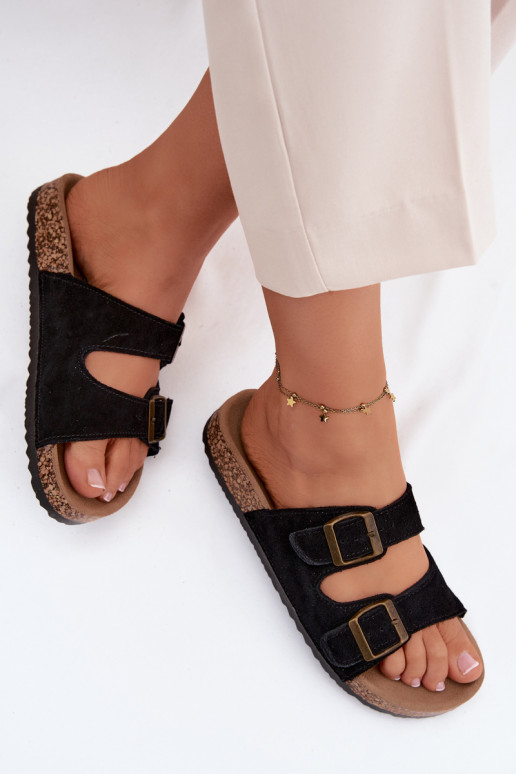 Faux suède slippers op kurken zool met gespen in zwarte kleur Tavira