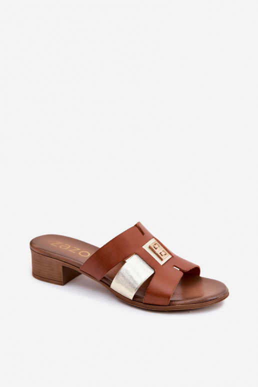 Leren dames slippers met hakken Zazoo 40517 in bruine kleur