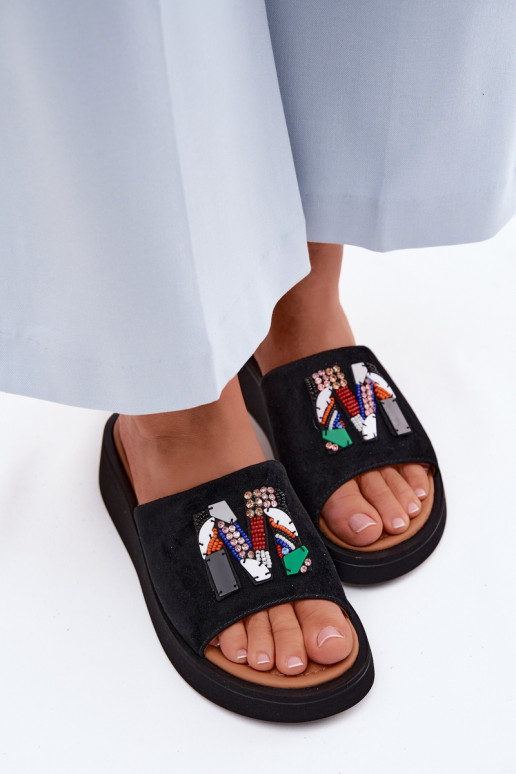 Leer Dames suède pantoffels met ornamenten met platform Vinceza 66942 zInart