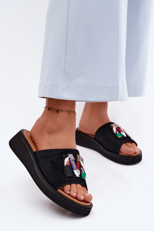 Leer Dames suède pantoffels met ornamenten met platform Vinceza 66942 zInart