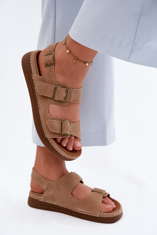 Leer Suède damessandalen met gespen Vinceza 79620 bruine kleur