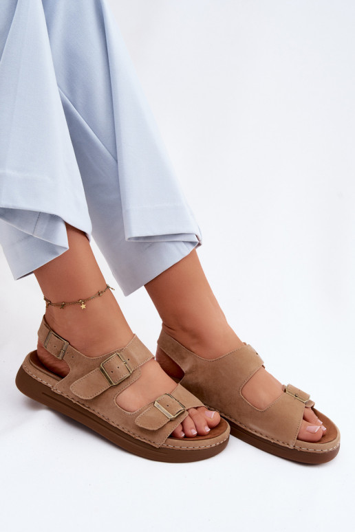 Faux suède dames sandalen met gespen Vinceza 79620 in bruine kleur