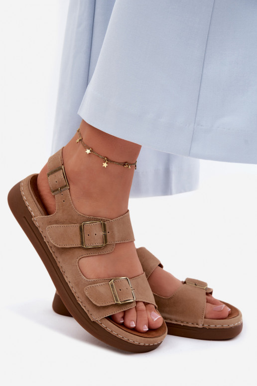 Leer Suède damessandalen met gespen Vinceza 79620 bruine kleur