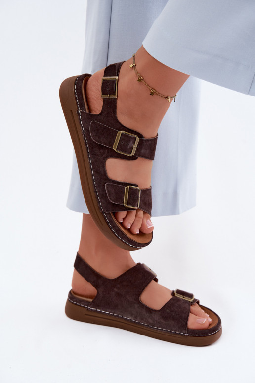 Bruine faux suede dames sandalen met gespen Vinceza 79620