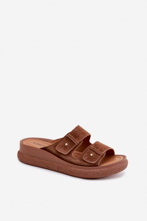 Leer Dames suède pantoffels met platform Vinceza 66916 bruine kleur
