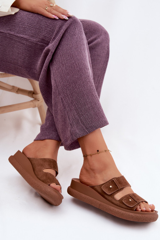 Leer Dames suède pantoffels met platform Vinceza 66916 bruine kleur