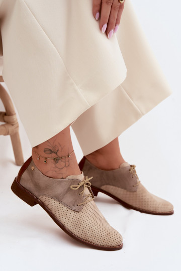 Elegante zand- en bruine leren dameschoenen met veters Zazoo 4238