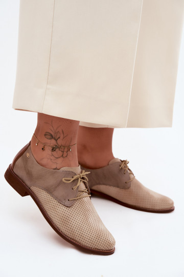 Elegante zand- en bruine leren dameschoenen met veters Zazoo 4238 2