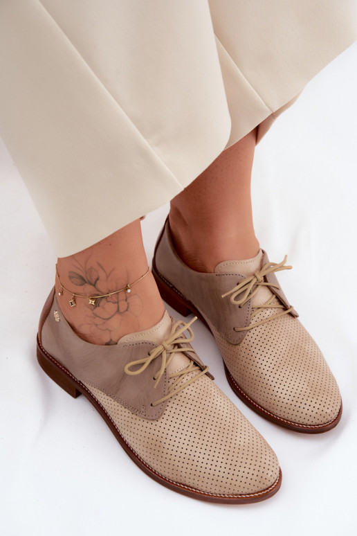 Elegante zand- en bruine leren dameschoenen met veters Zazoo 4238