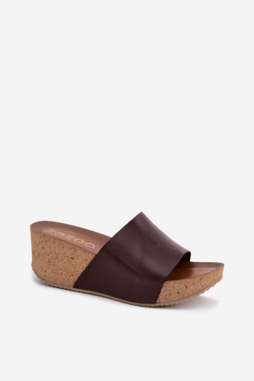 Zazoo 40291 chocoladekleurige leren slippers met kurkzool