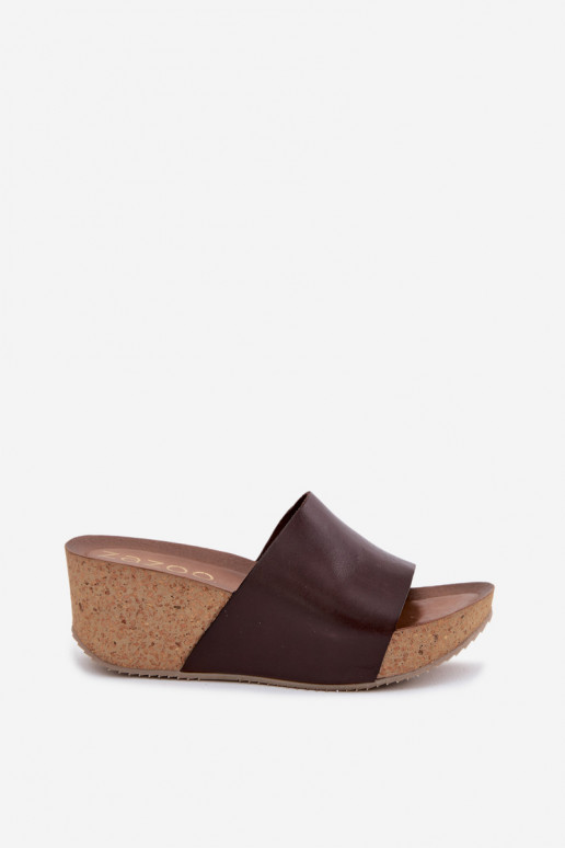 Zazoo 40291 chocoladekleurige leren slippers met kurkzool