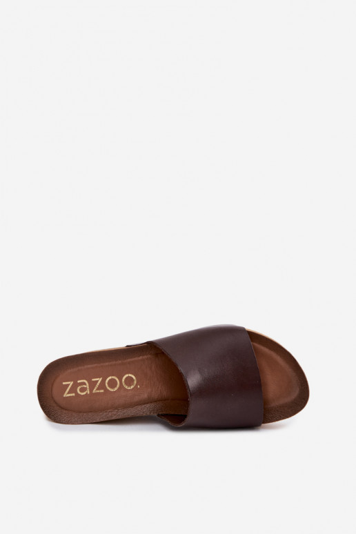 Zazoo 40291 chocoladekleurige leren slippers met kurkzool