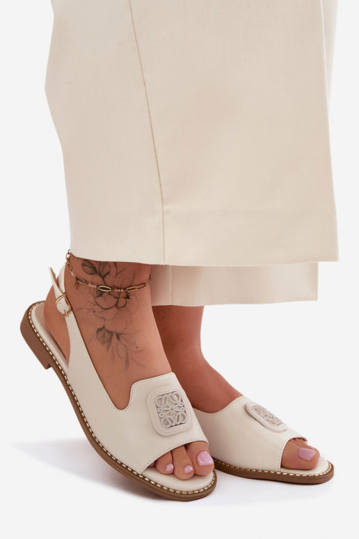 Crème kleurige dames sandalen met brede hakken en ornamenten S.Barski