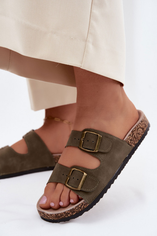 Damespantoffels met gespen Op een kurkzool kaki kleuren Harleen