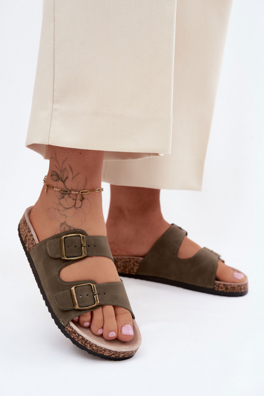 Khaki dames slippers met gespen op kurkzool Harleen
