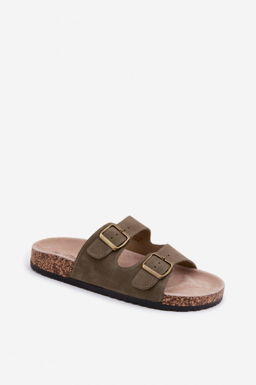 Khaki dames slippers met gespen op kurkzool Harleen
