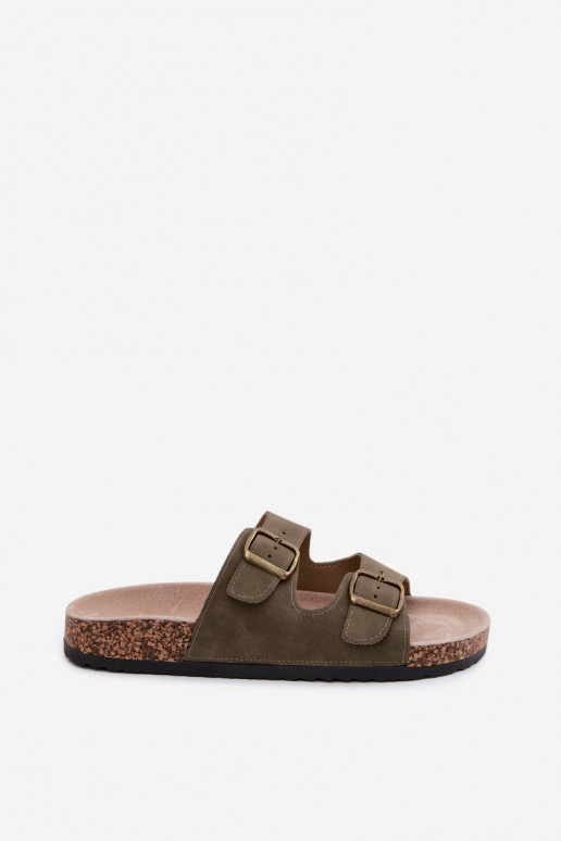 Khaki dames slippers met gespen op kurkzool Harleen