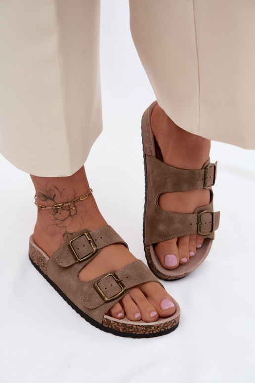 Khaki dames slippers met gespen op kurkzool Harleen