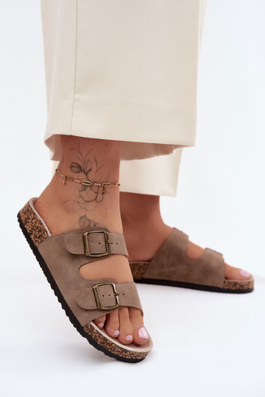Khaki dames slippers met gespen op kurkzool Harleen
