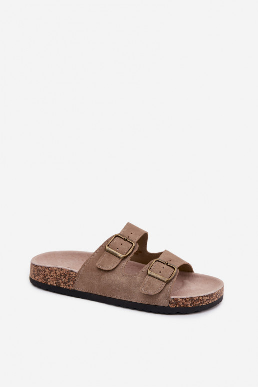 Khaki dames slippers met gespen op kurkzool Harleen