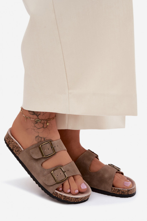 Khaki dames slippers met gespen op kurkzool Harleen