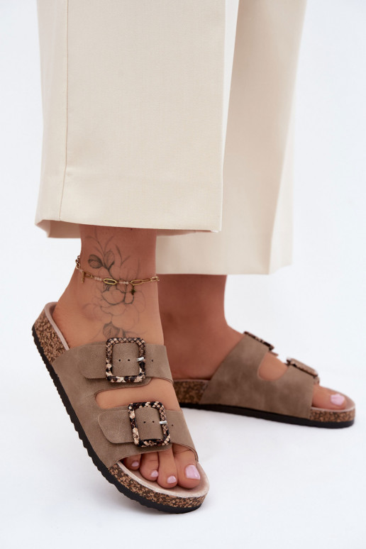 Damespantoffels Op een kurkzool met gespen slangenpatronen beige Melia