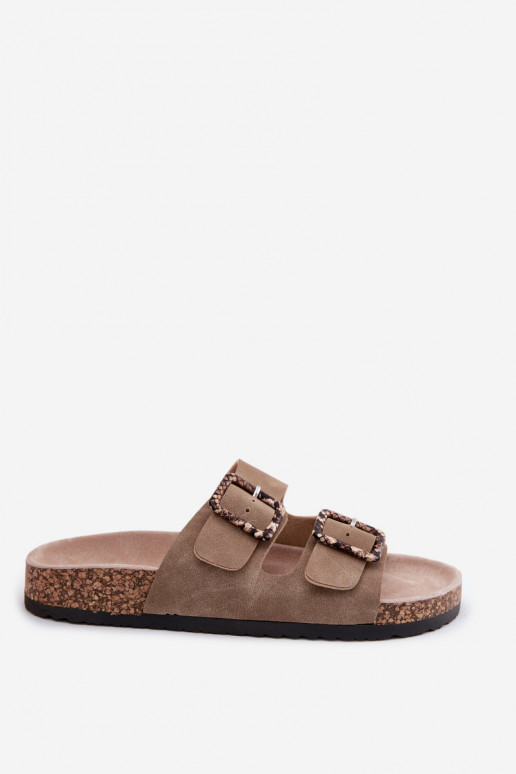 Damespantoffels Op een kurkzool met gespen slangenpatronen beige Melia