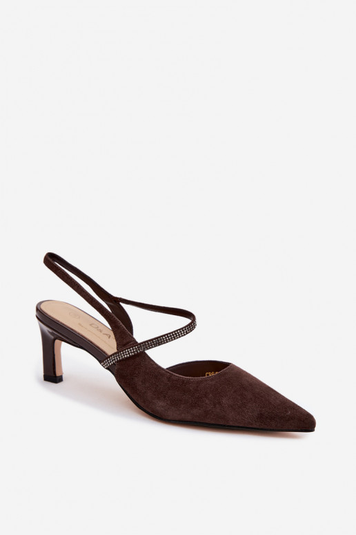 Leer Elegante suède hoge hakken Ze Zdobionym Strepenem D&A CR61-3048 CzekoladoIne