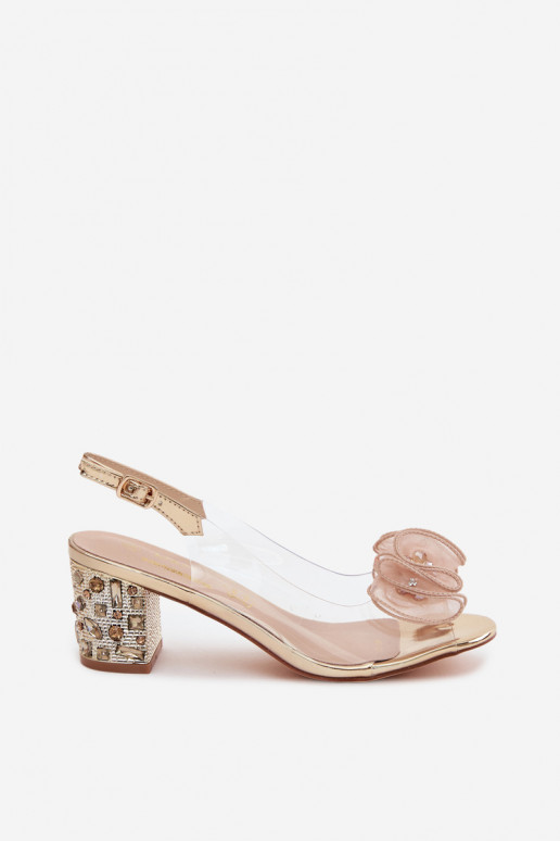 Transparante sandalen met hak en fonkelende stenen in goud