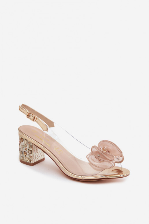 Transparante sandalen met hak en fonkelende stenen in goud