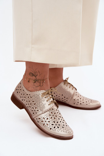 Leer schoenen Dames met elementen van opengeInerkt met brede hakken Zazoo 4156 gouden kleur 2