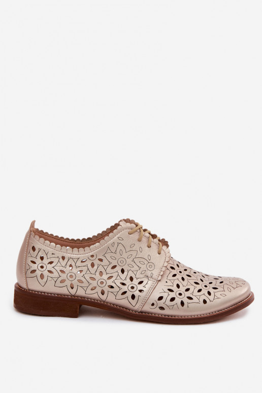 Leren schoenen met kantdetails en brede hakken in goud