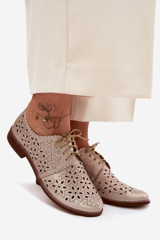 Leer schoenen Dames met elementen van opengeInerkt met brede hakken Zazoo 4156 gouden kleur