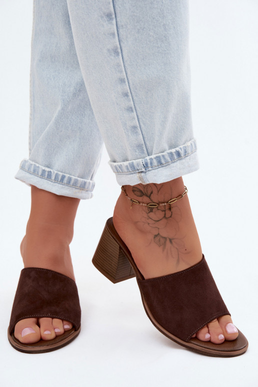 Leer Dames suède pantoffels met hakken Zazoo 40519 CzekoladoIne