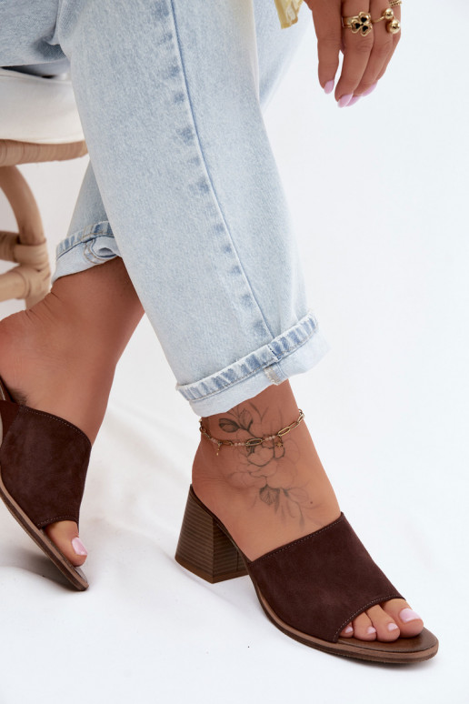 Leer Dames suède pantoffels met hakken Zazoo 40519 CzekoladoIne